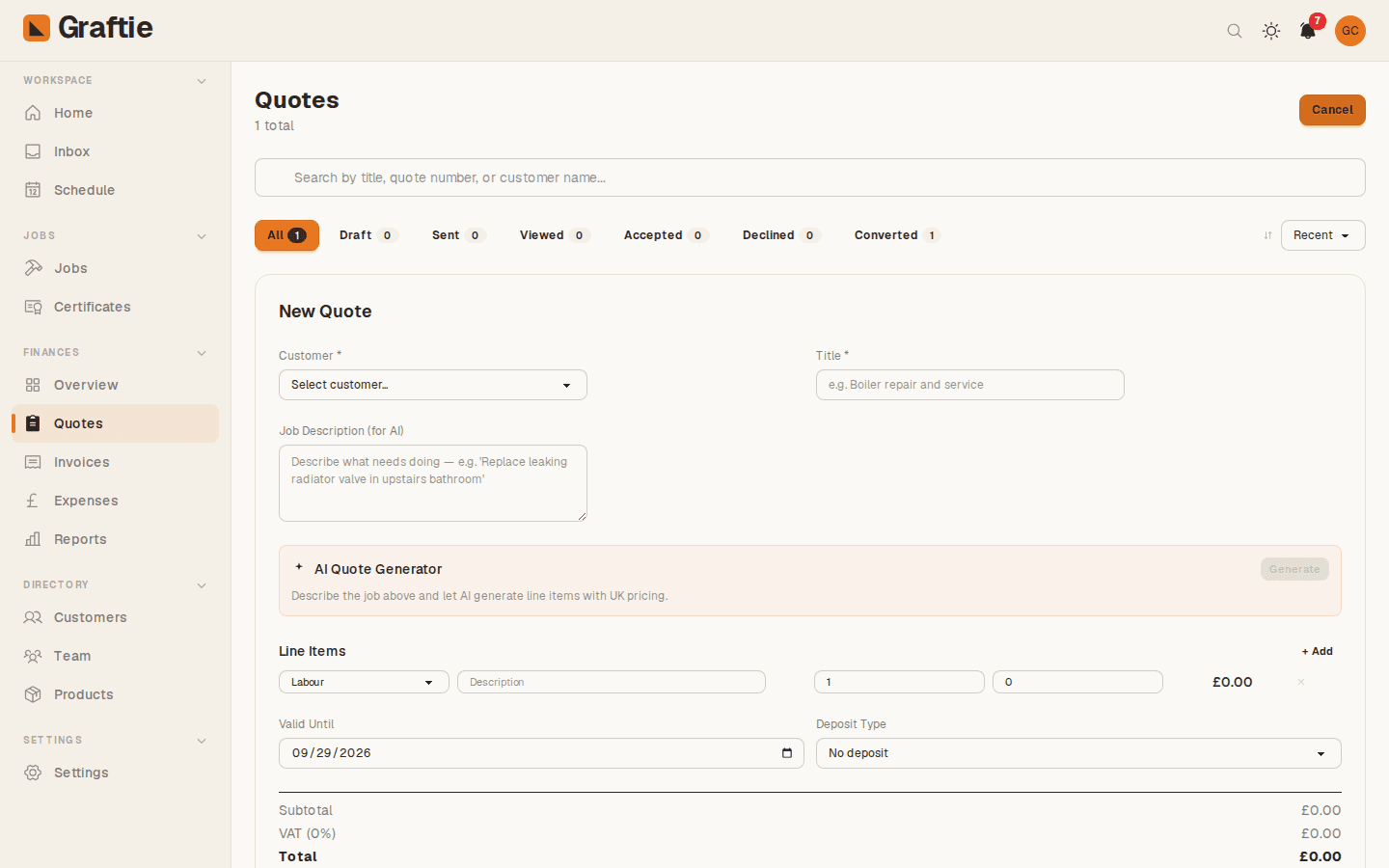 AI Quote Generation — real Graftie dashboard screenshot