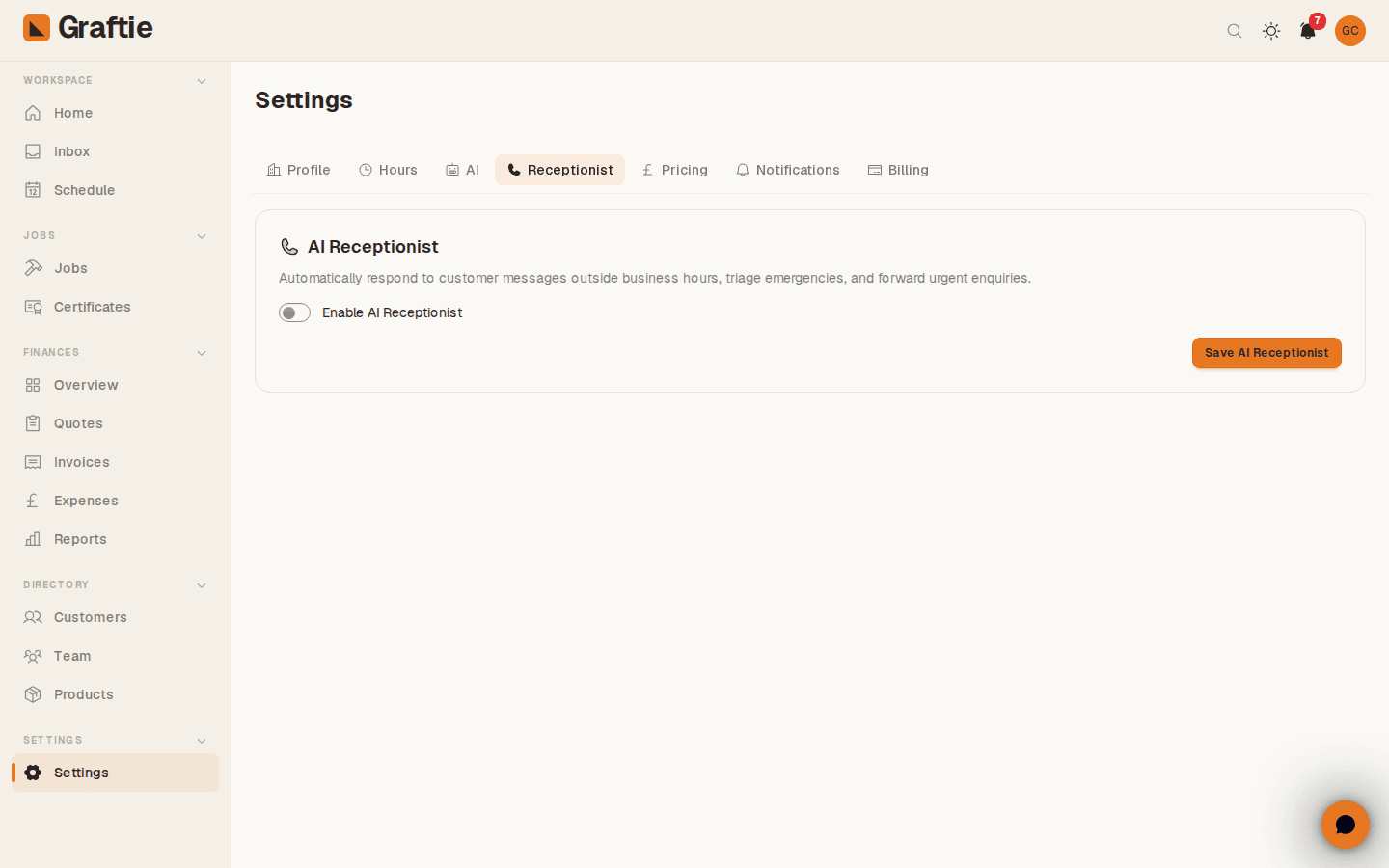 AI Receptionist — real Graftie dashboard screenshot