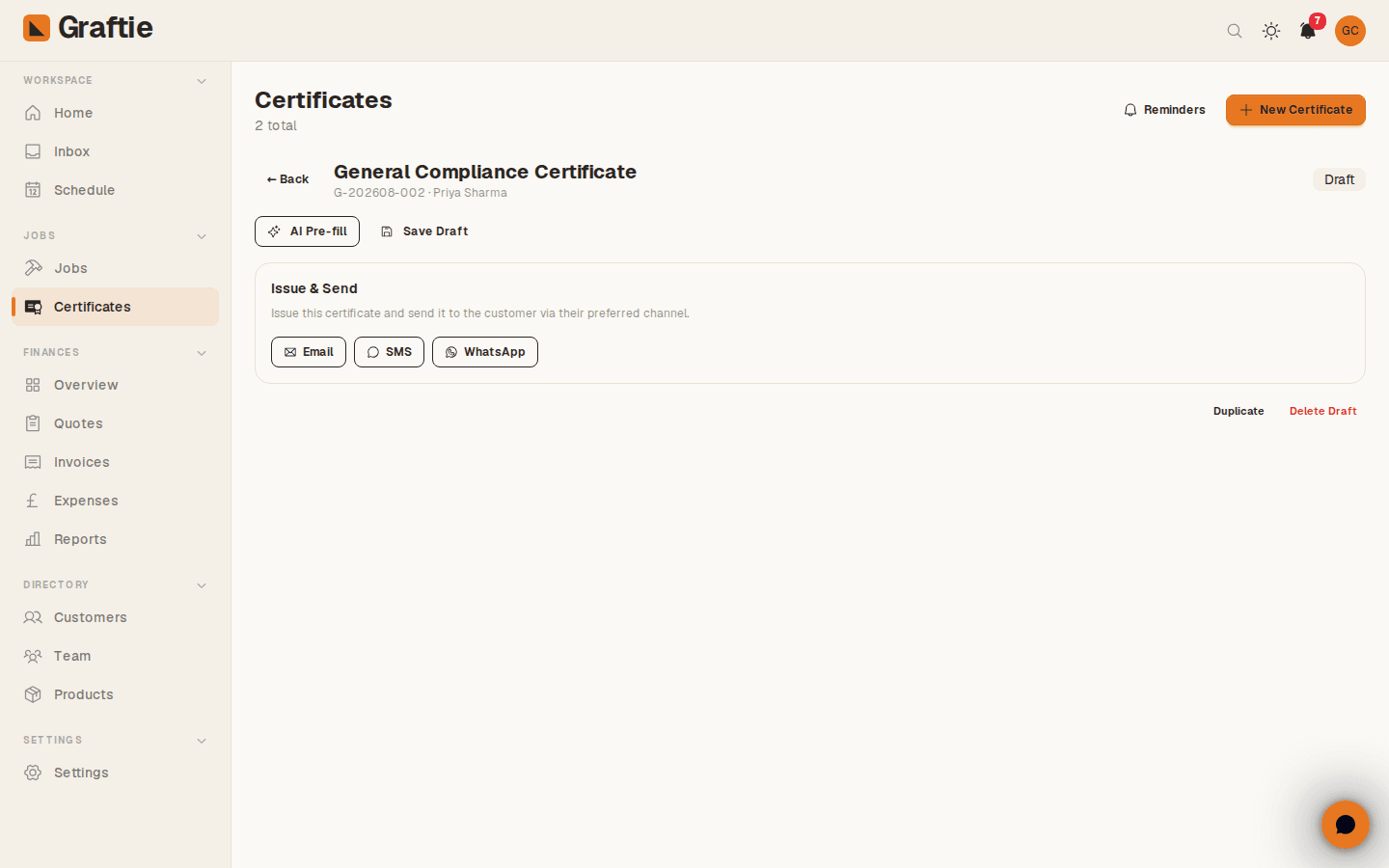 Certificates & Compliance — real Graftie dashboard screenshot