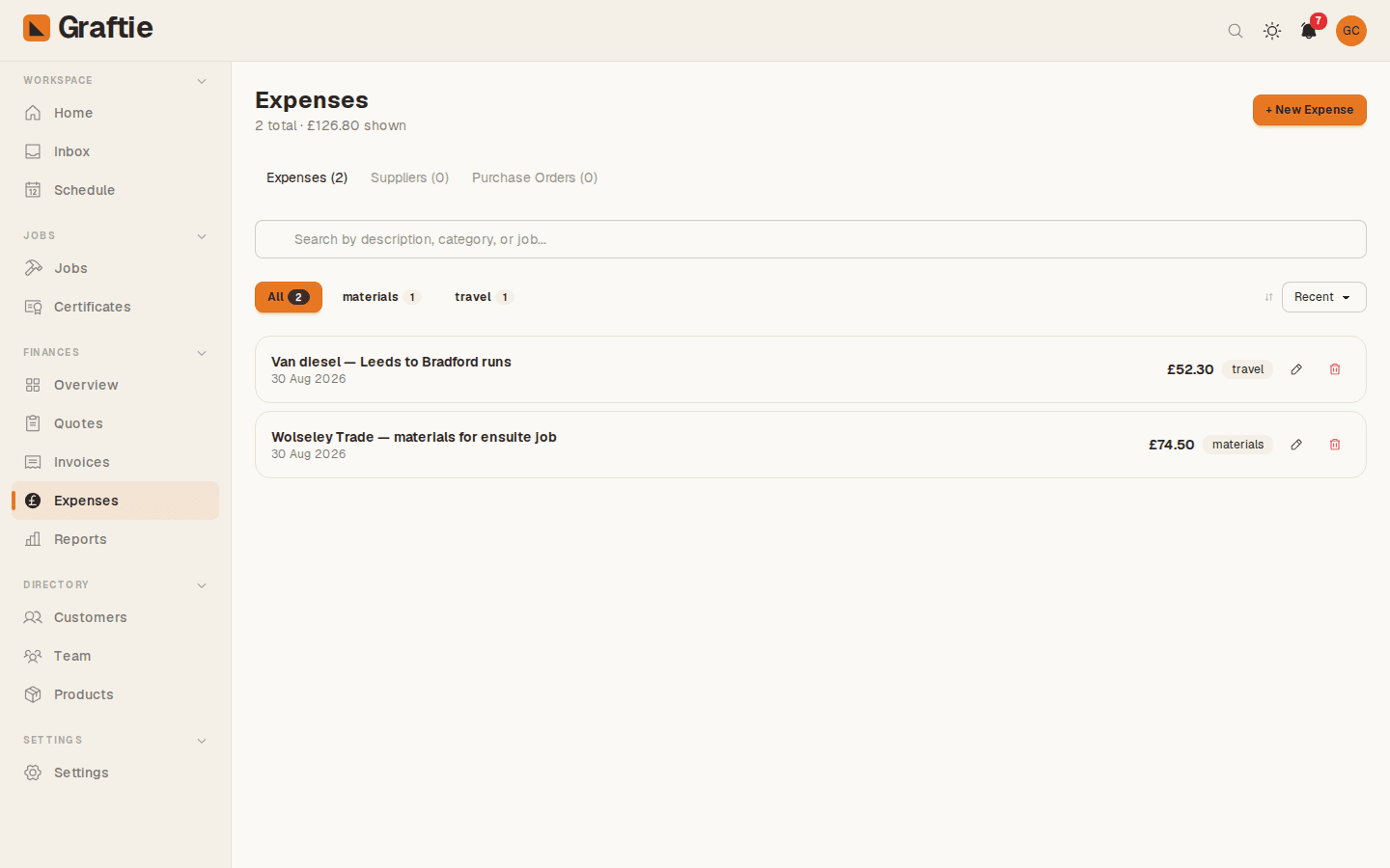 Expenses — real Graftie dashboard screenshot