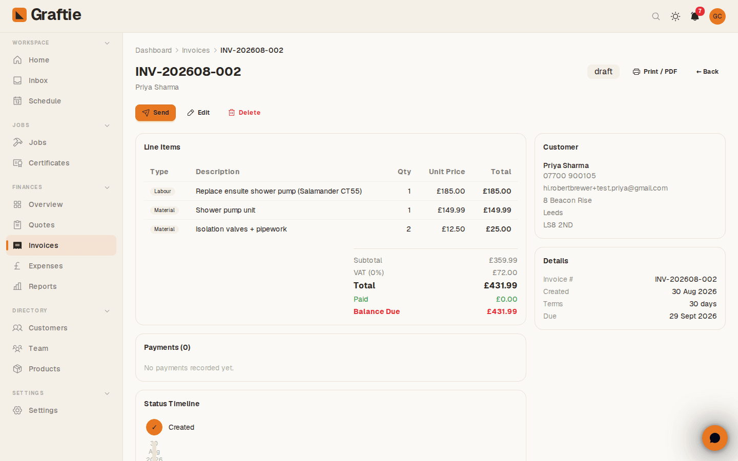 Invoicing — real Graftie dashboard screenshot